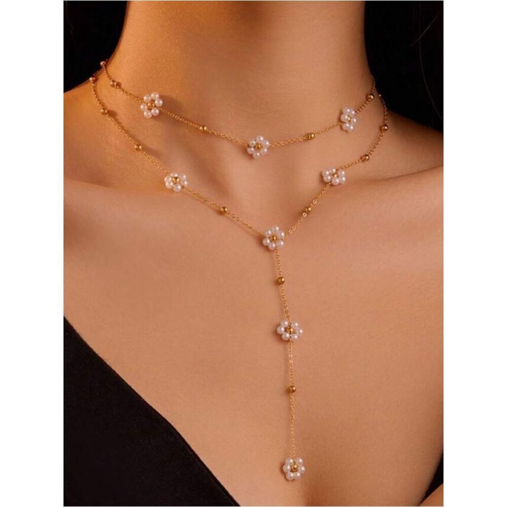 Gold Pearl Flower Y shape Necklace A1810